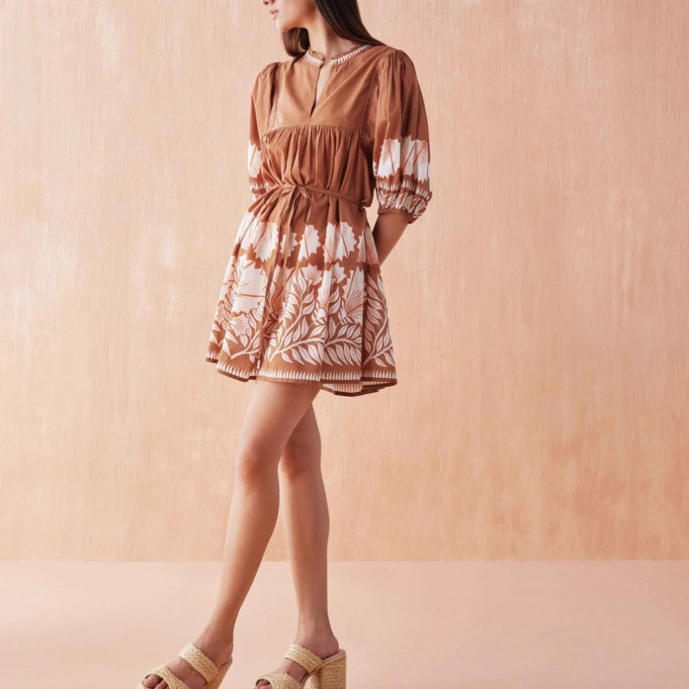 Chic Brown and White Long Sleeve Dress